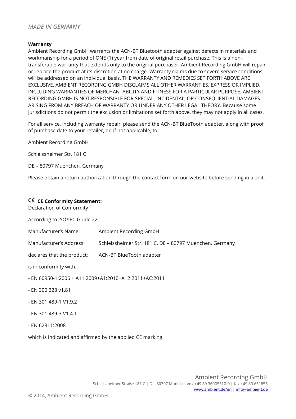 Warranty, Ce conformity statement, Made in germany ambient recording gmbh | Ambient ACN-BT Bluetooth interface BEETLE User Manual | Page 2 / 4