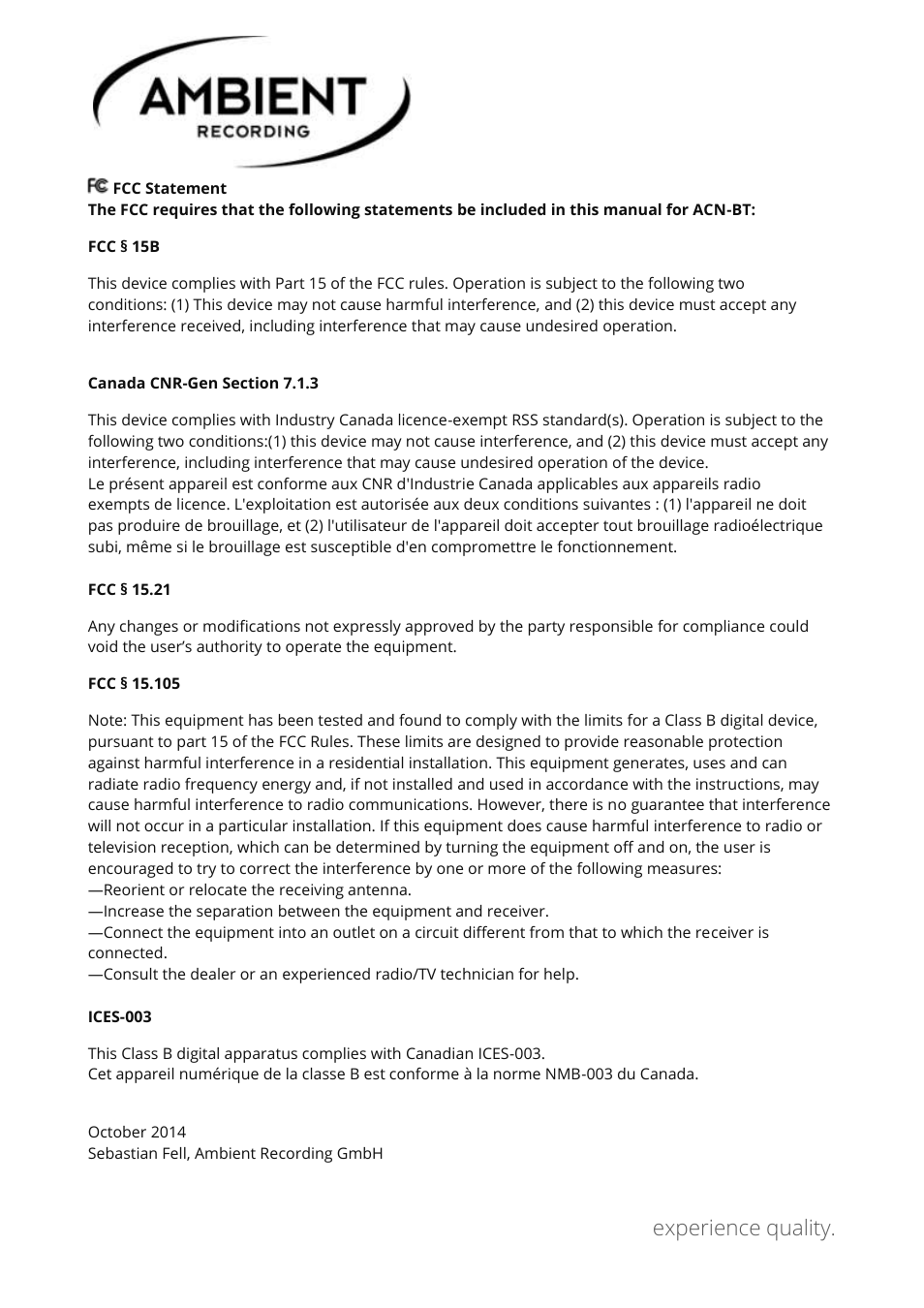 Fcc statement, Experience quality | Ambient ACN-BT Bluetooth interface BEETLE User Manual | Page 3 / 4