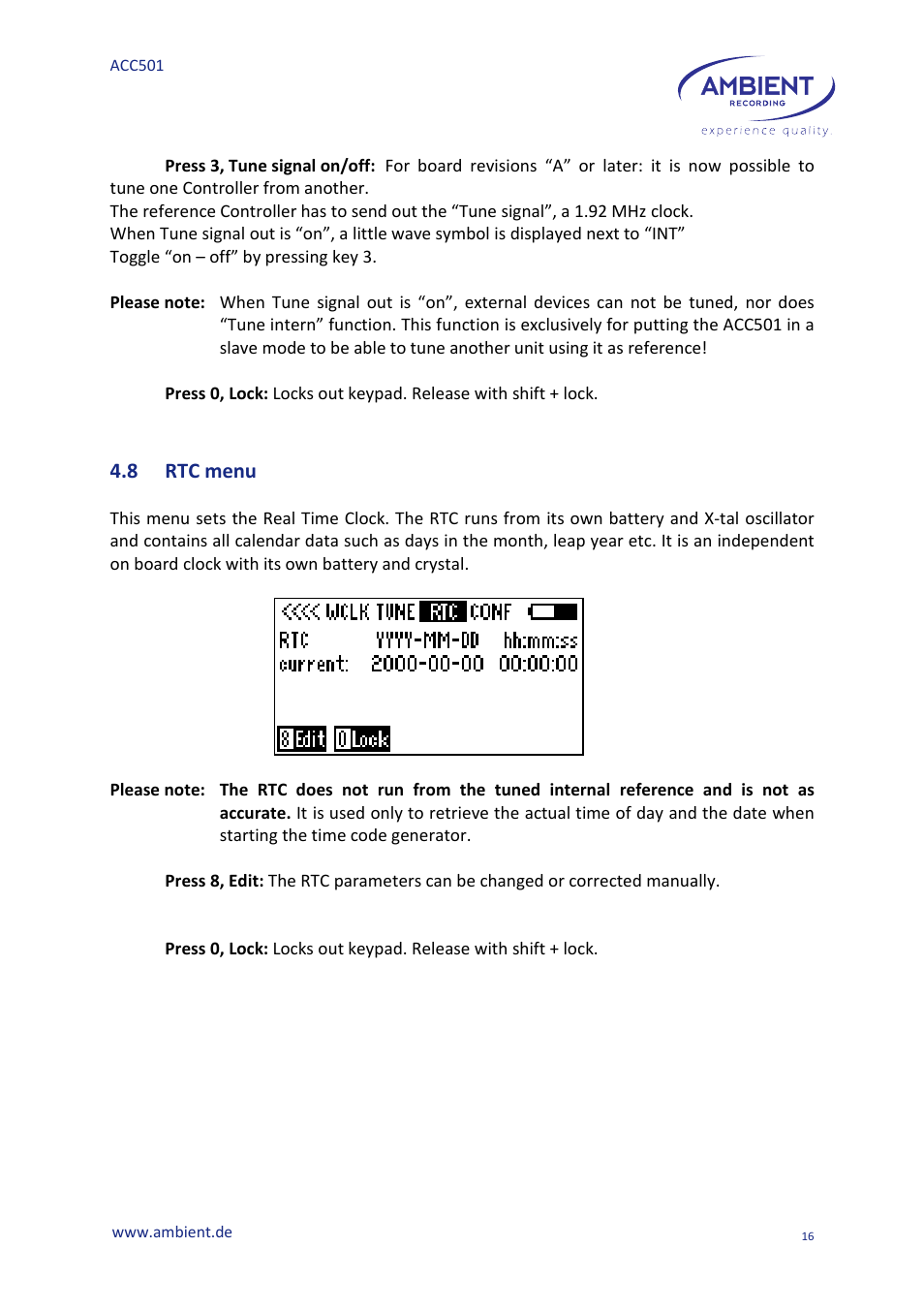 8 rtc menu | Ambient Controller - ACC 501 User Manual | Page 18 / 24