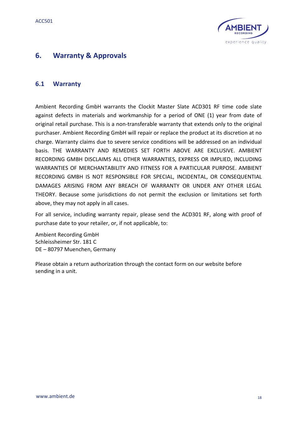 Warranty & approvals | Ambient Controller - ACC 501 User Manual | Page 20 / 24