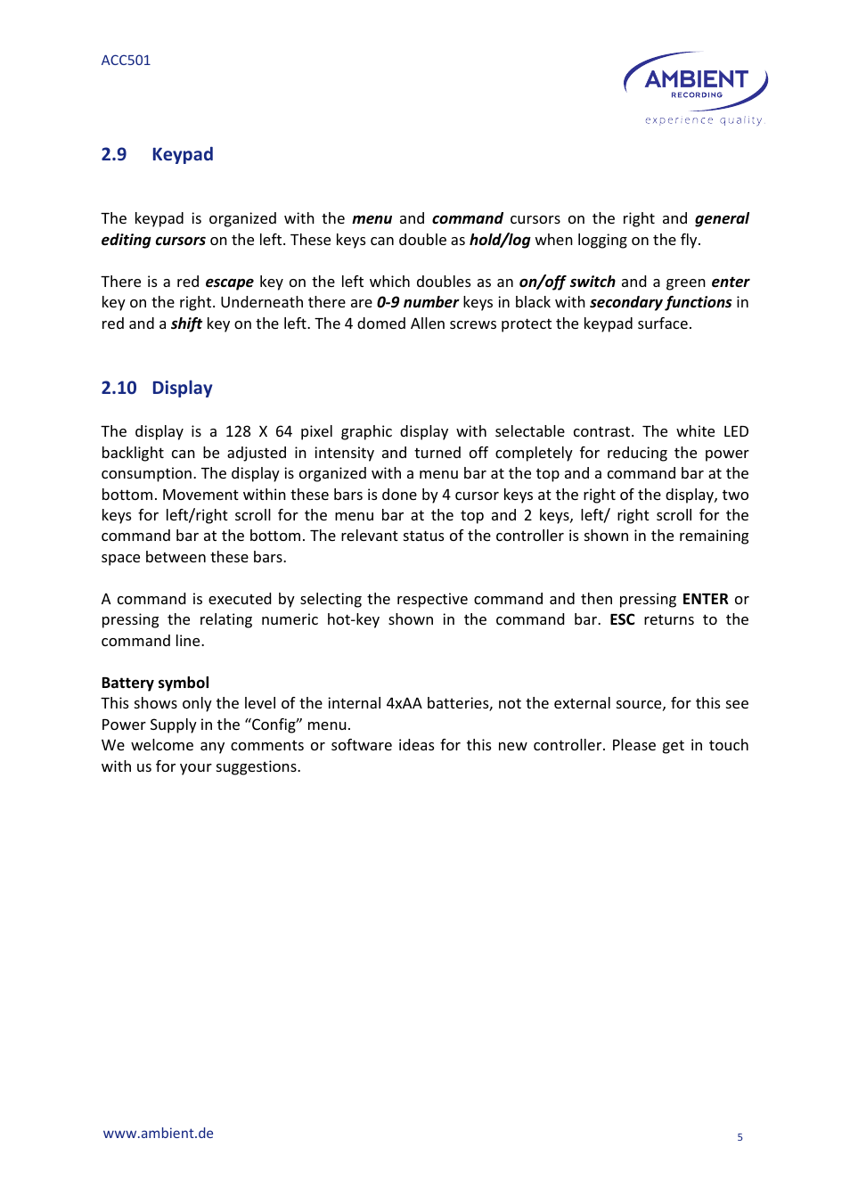 9 keypad, 10 display | Ambient Controller - ACC 501 User Manual | Page 7 / 24