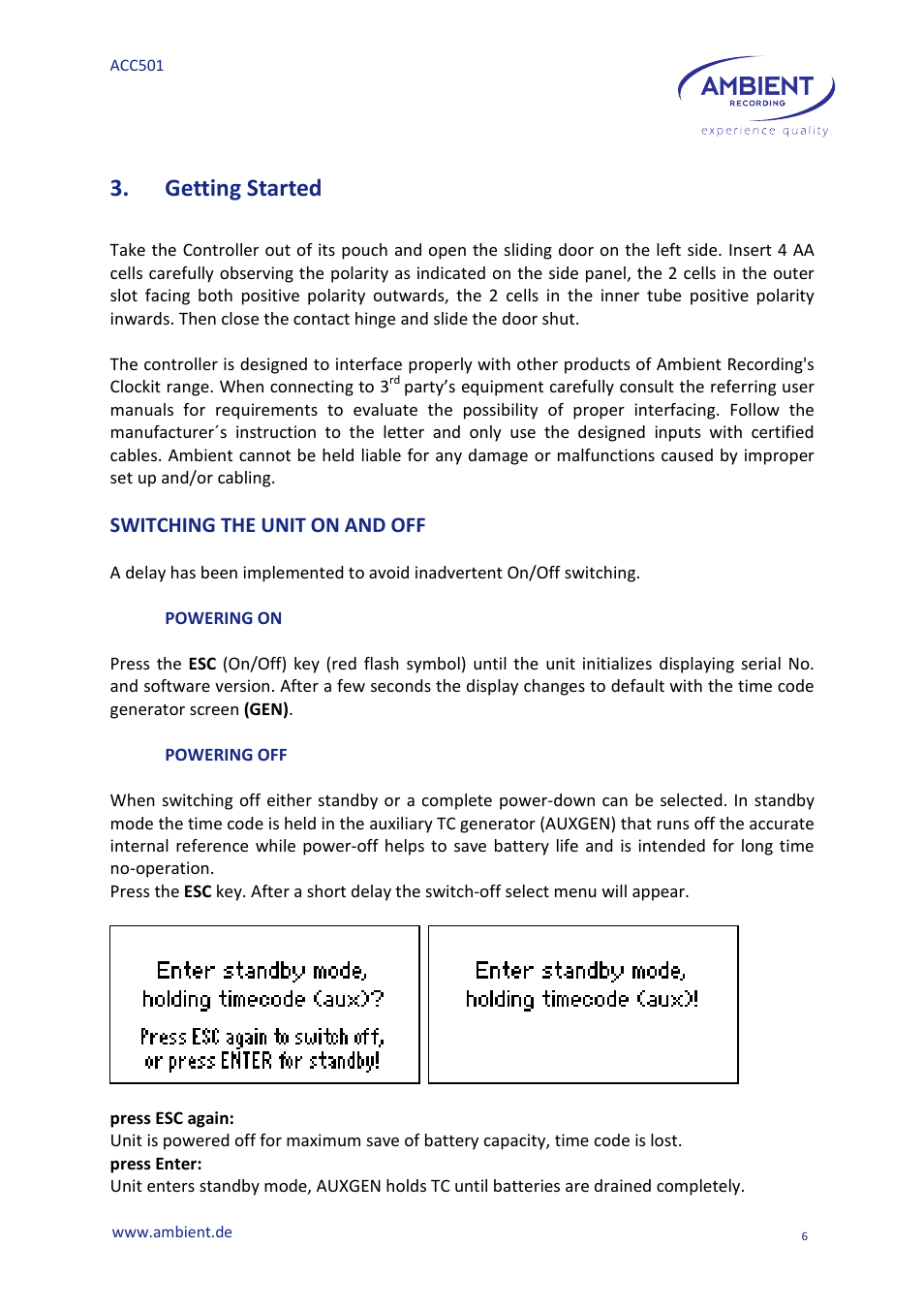 Getting started, Switching the unit on and off | Ambient Controller - ACC 501 User Manual | Page 8 / 24