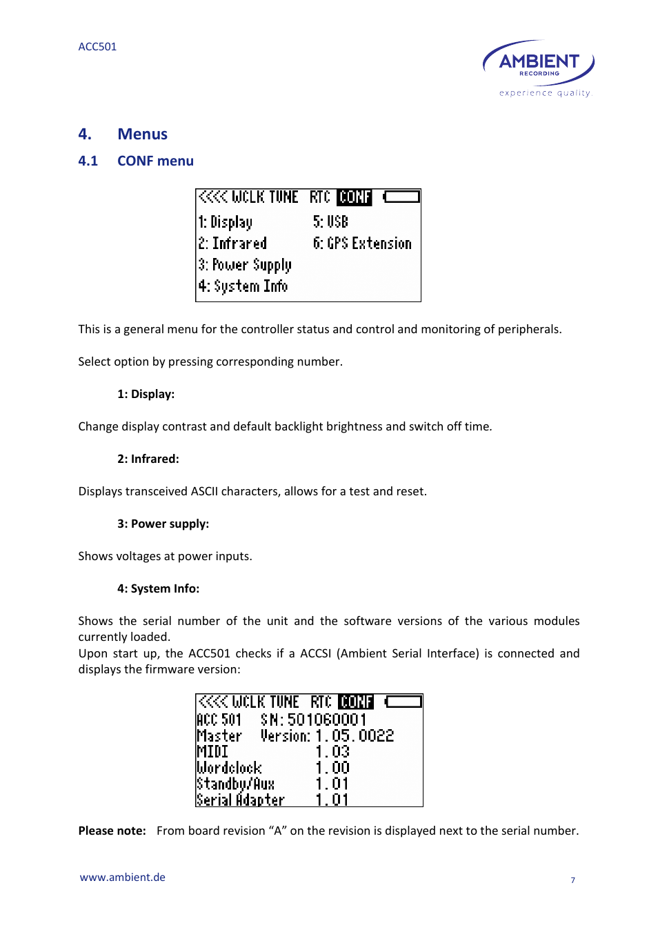 Menus | Ambient Controller - ACC 501 User Manual | Page 9 / 24