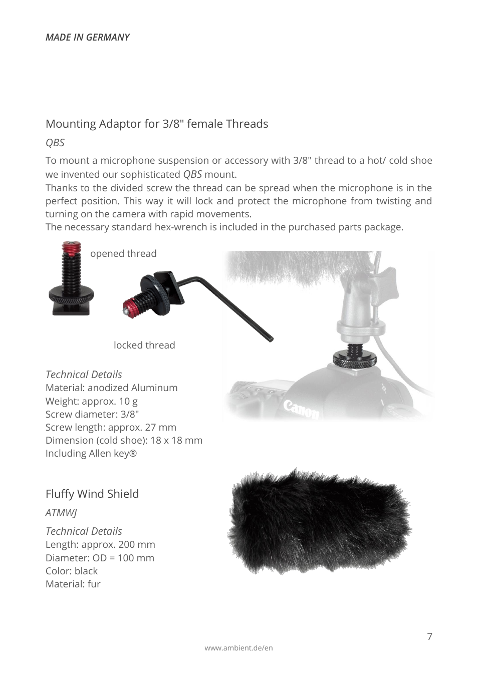 Accessories, Mounting adaptor for 3/8" female threads, Technical details | Fluffy wind shield, Atmwj, Atm 216 | Ambient ATM 216 User Manual | Page 6 / 11