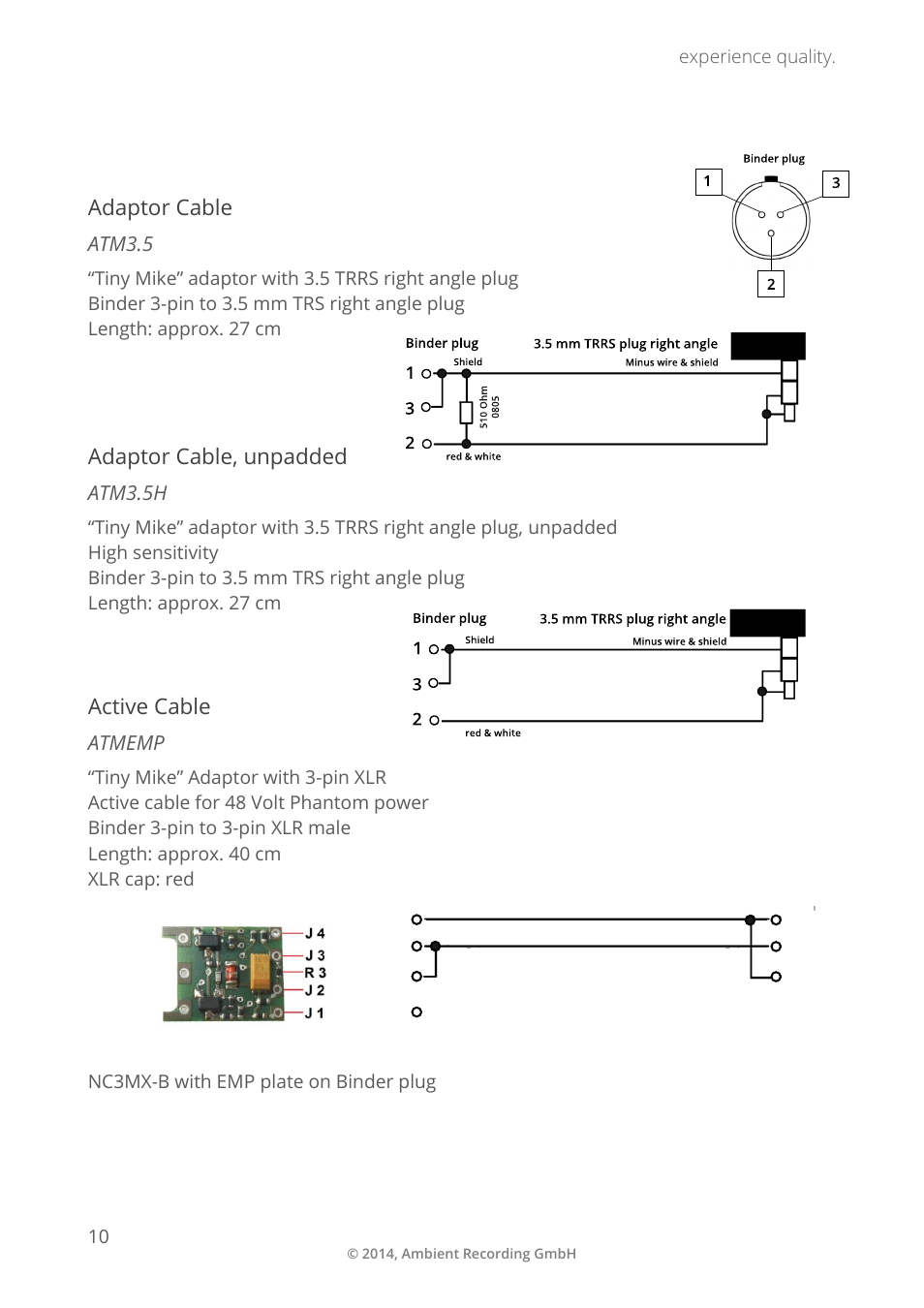 Cable wiring, Adaptor cable, Atm3.5 | Adaptor cable, unpadded, Atm3.5h, Active cable, Atmemp, Atm 216 | Ambient ATM 216 User Manual | Page 9 / 11
