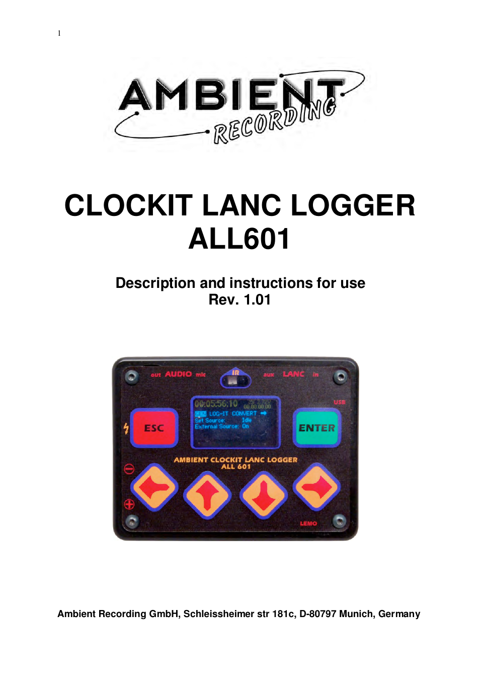 Ambient Lanc Logger - ALL601 User Manual | 20 pages
