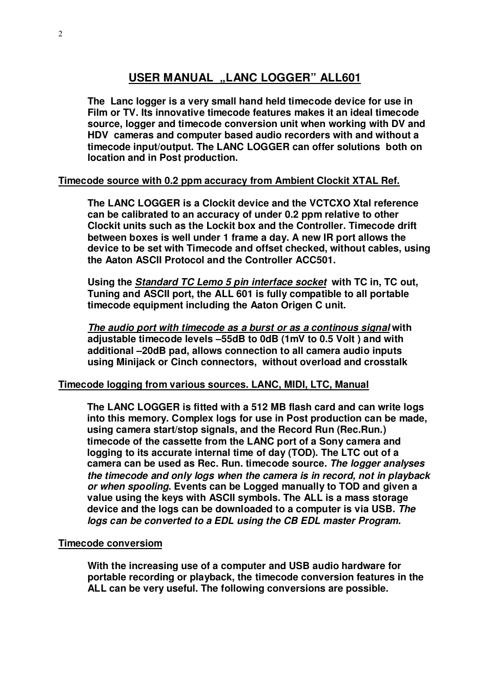 Ambient Lanc Logger - ALL601 User Manual | Page 2 / 20