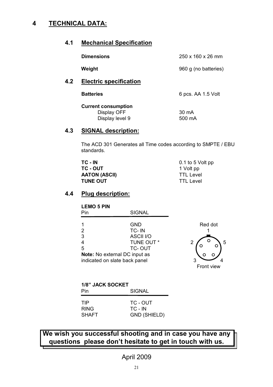 4technical data | Ambient Wireless TC Slate - ACD 301 RF User Manual | Page 21 / 21