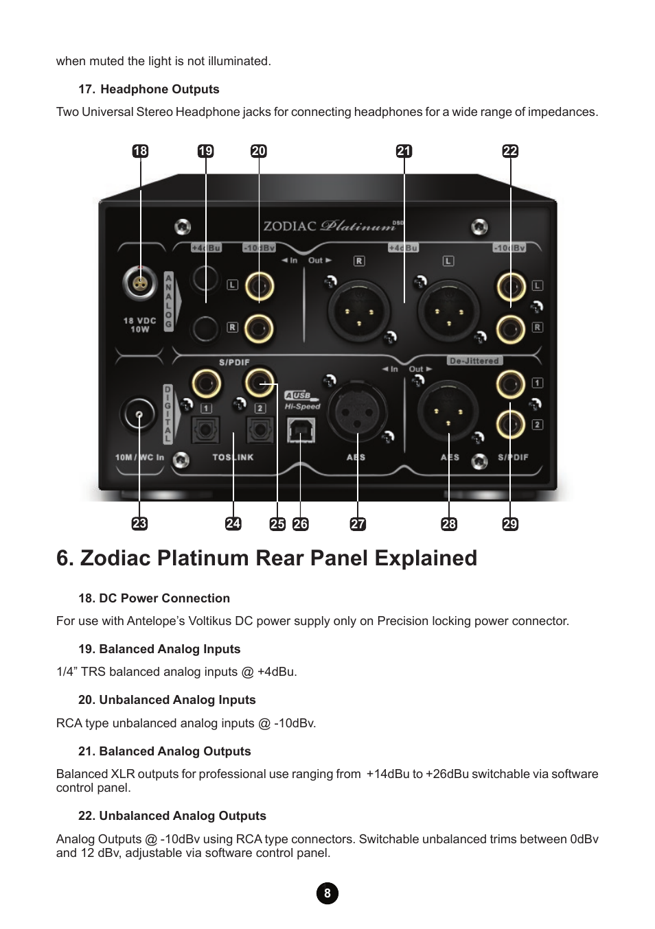 Zodiac platinum rear panel explained | Antelope Audio Zodiac Platinum DSD DAC User Manual | Page 10 / 24