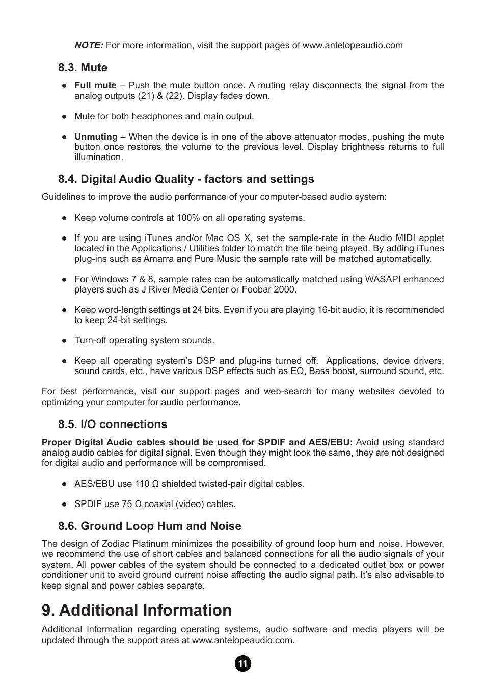 Additional information, Mute, Digital audio quality - factors and settings | I/o connections, Ground loop hum and noise | Antelope Audio Zodiac Platinum DSD DAC User Manual | Page 13 / 24