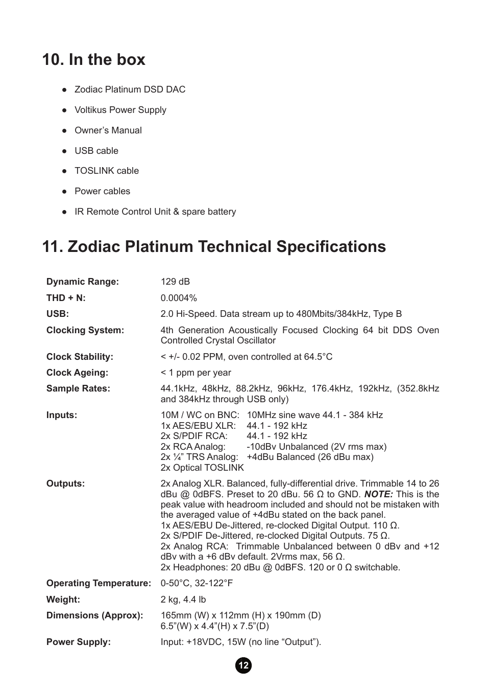 Zodiac platinum technical specifications | Antelope Audio Zodiac Platinum DSD DAC User Manual | Page 14 / 24