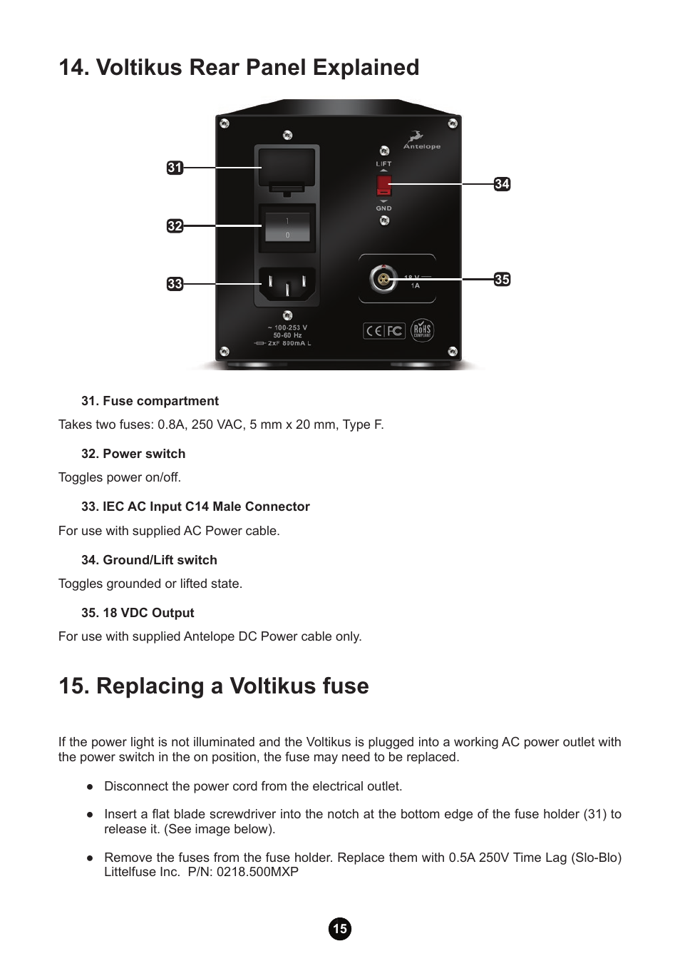 Voltikus rear panel explained, Replacing a voltikus fuse | Antelope Audio Zodiac Platinum DSD DAC User Manual | Page 17 / 24
