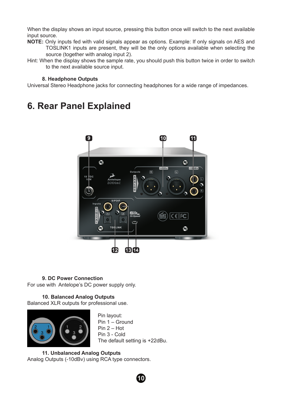 Rear panel explained | Antelope Audio Zodiac DAC User Manual | Page 10 / 16