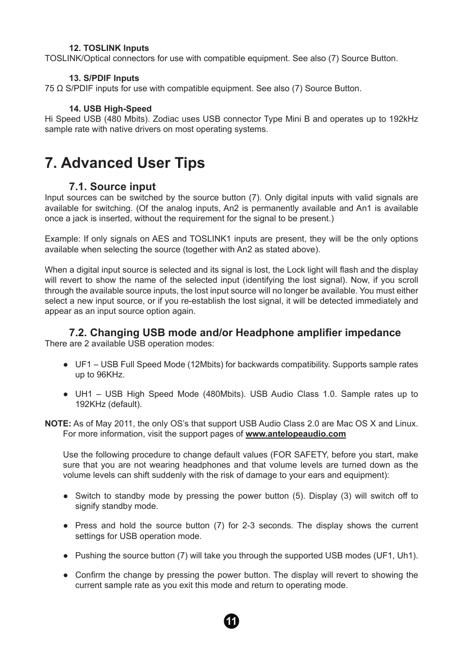 Advanced user tips, Source input | Antelope Audio Zodiac DAC User Manual | Page 11 / 16