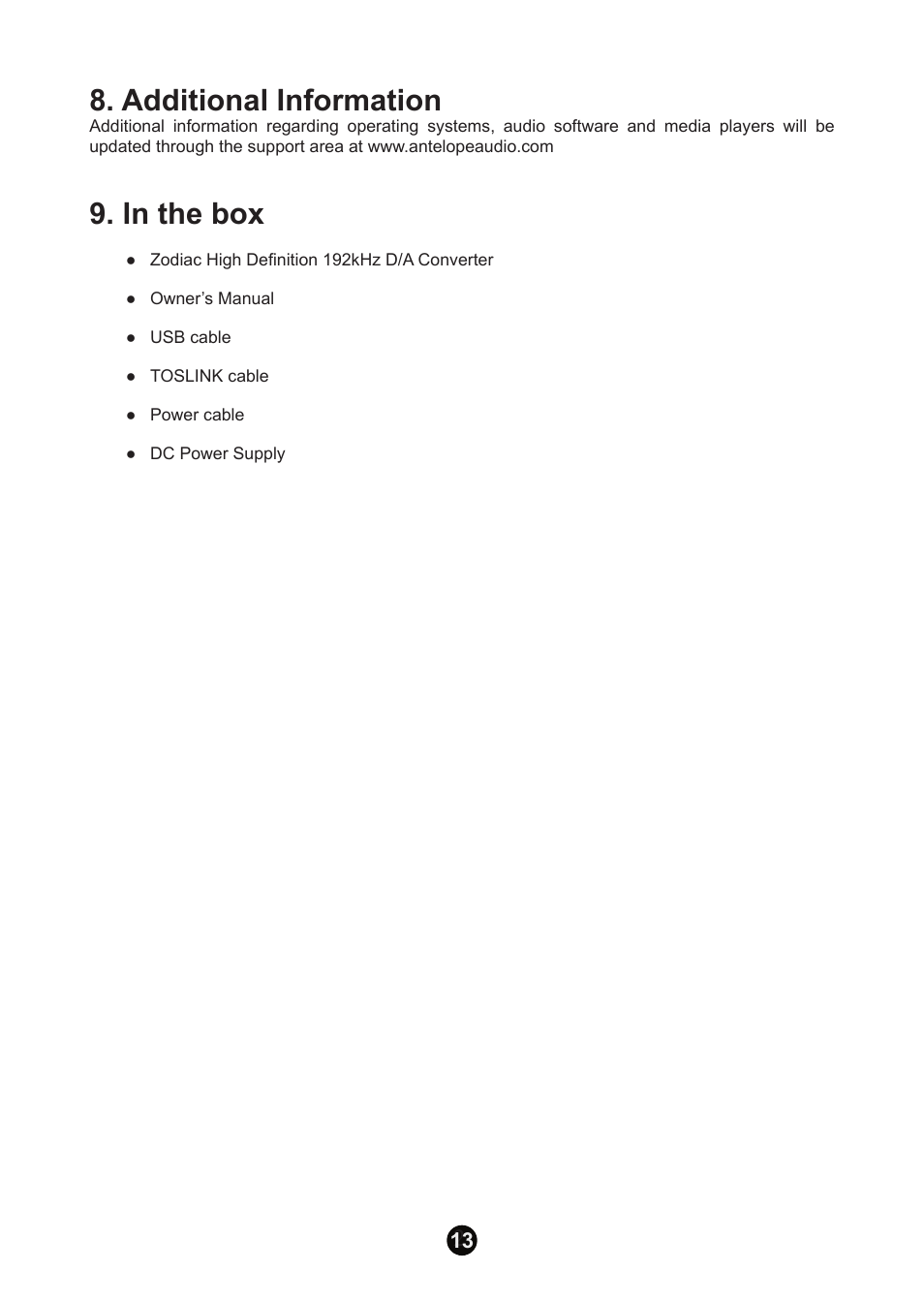 Additional information 9. in the box, Additional information | Antelope Audio Zodiac DAC User Manual | Page 13 / 16