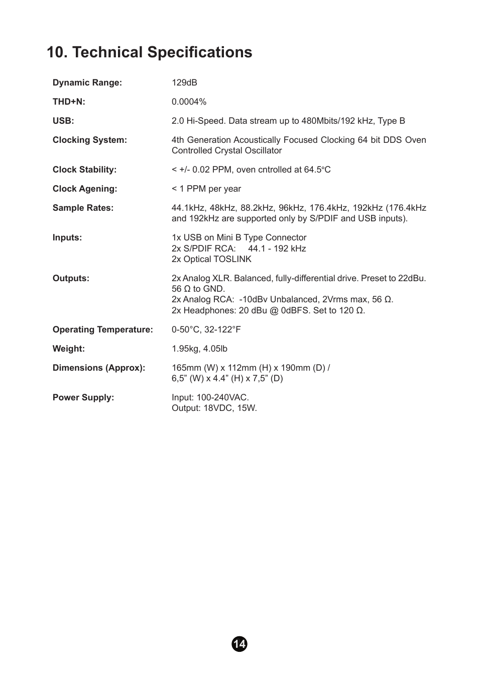 Technical specifications | Antelope Audio Zodiac DAC User Manual | Page 14 / 16