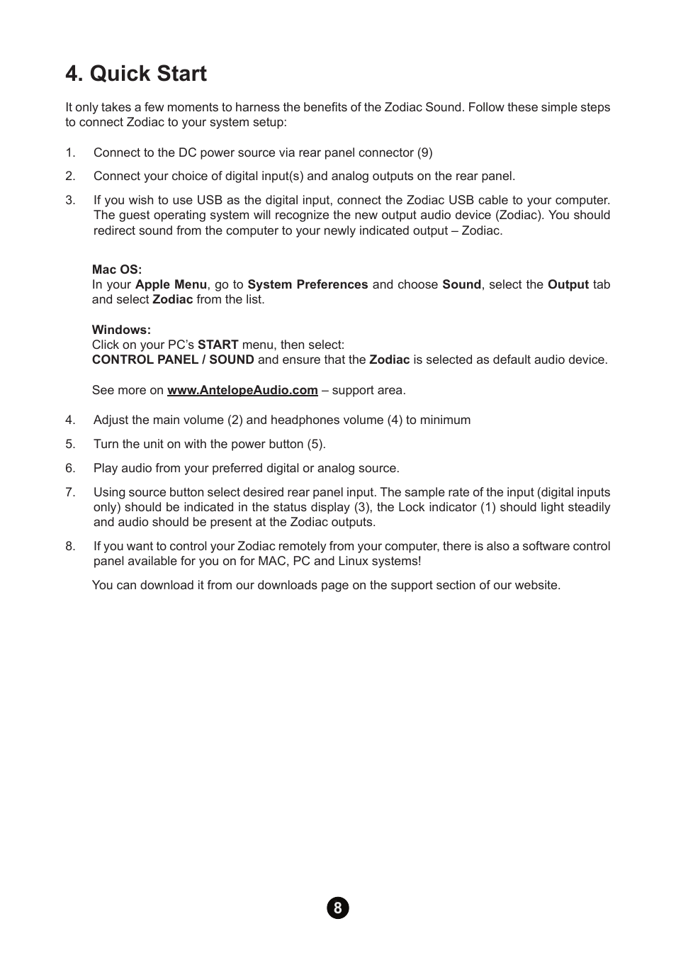 Quick start | Antelope Audio Zodiac DAC User Manual | Page 8 / 16