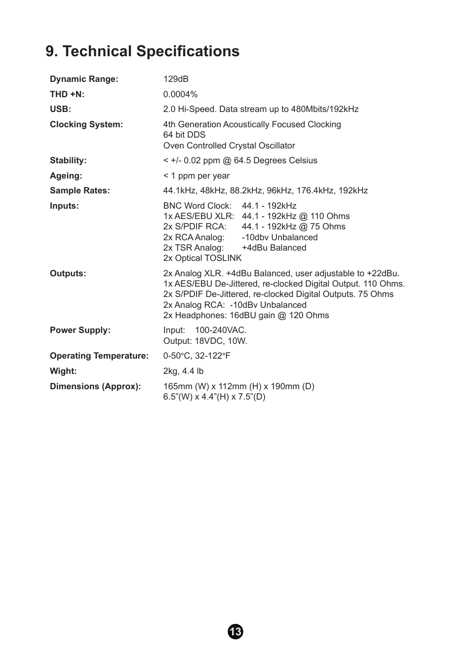 Technical specifications | Antelope Audio Zodiac Plus DAC User Manual | Page 12 / 14