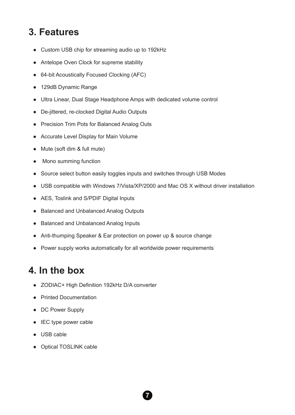 Features, In the box | Antelope Audio Zodiac Plus DAC User Manual | Page 6 / 14
