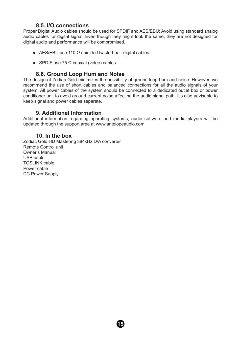I/o connections, Ground loop hum and noise, Additional information | In the box | Antelope Audio Zodiac Gold DAC User Manual | Page 14 / 20