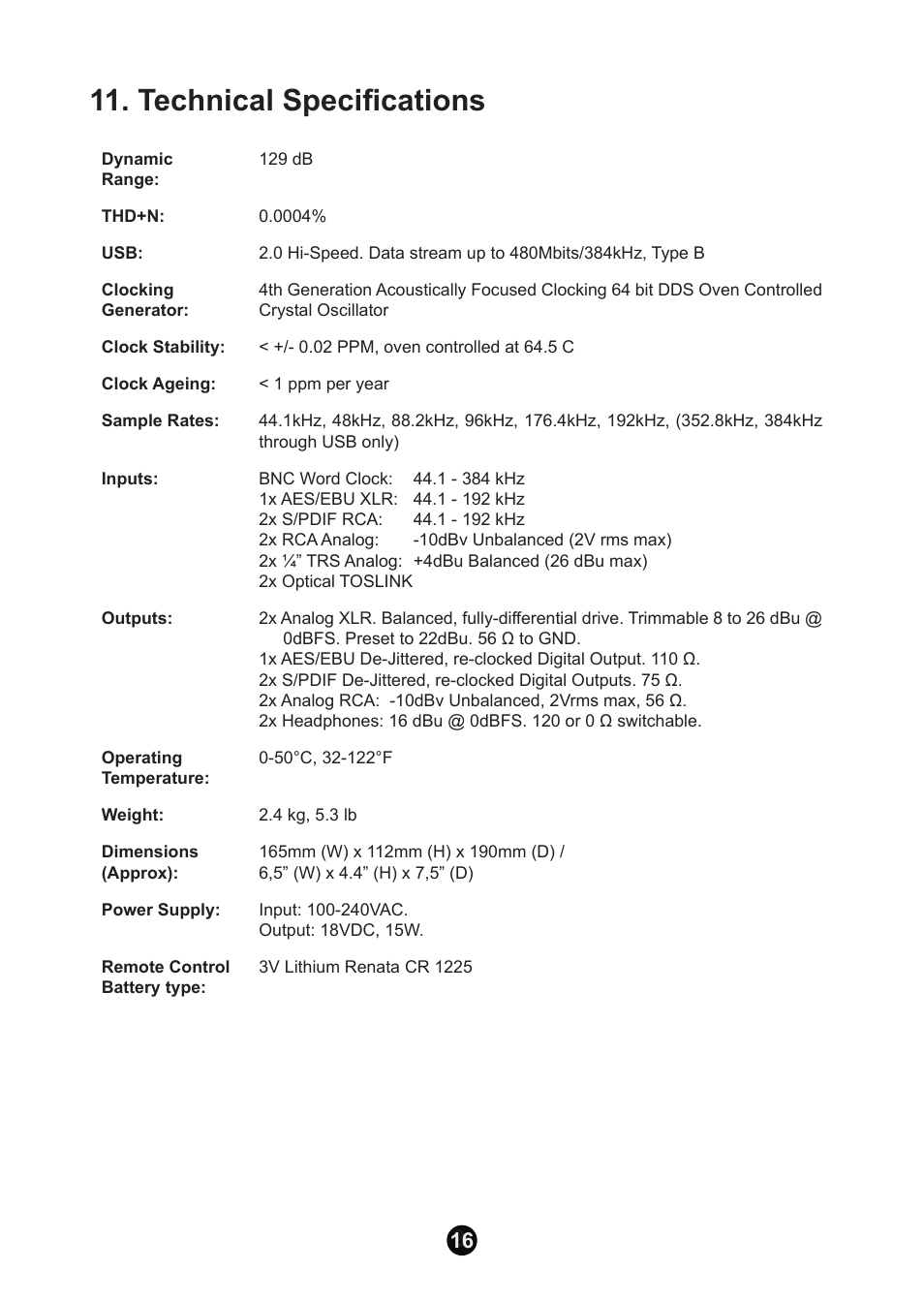 Technical specifications | Antelope Audio Zodiac Gold DAC User Manual | Page 15 / 20
