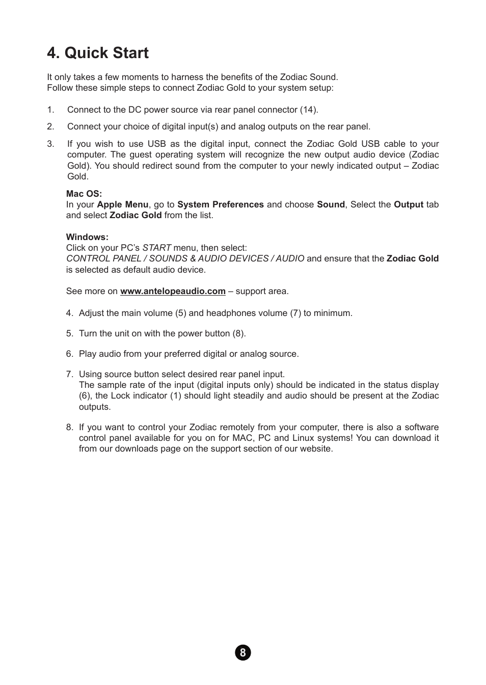 Quick start | Antelope Audio Zodiac Gold DAC User Manual | Page 7 / 20