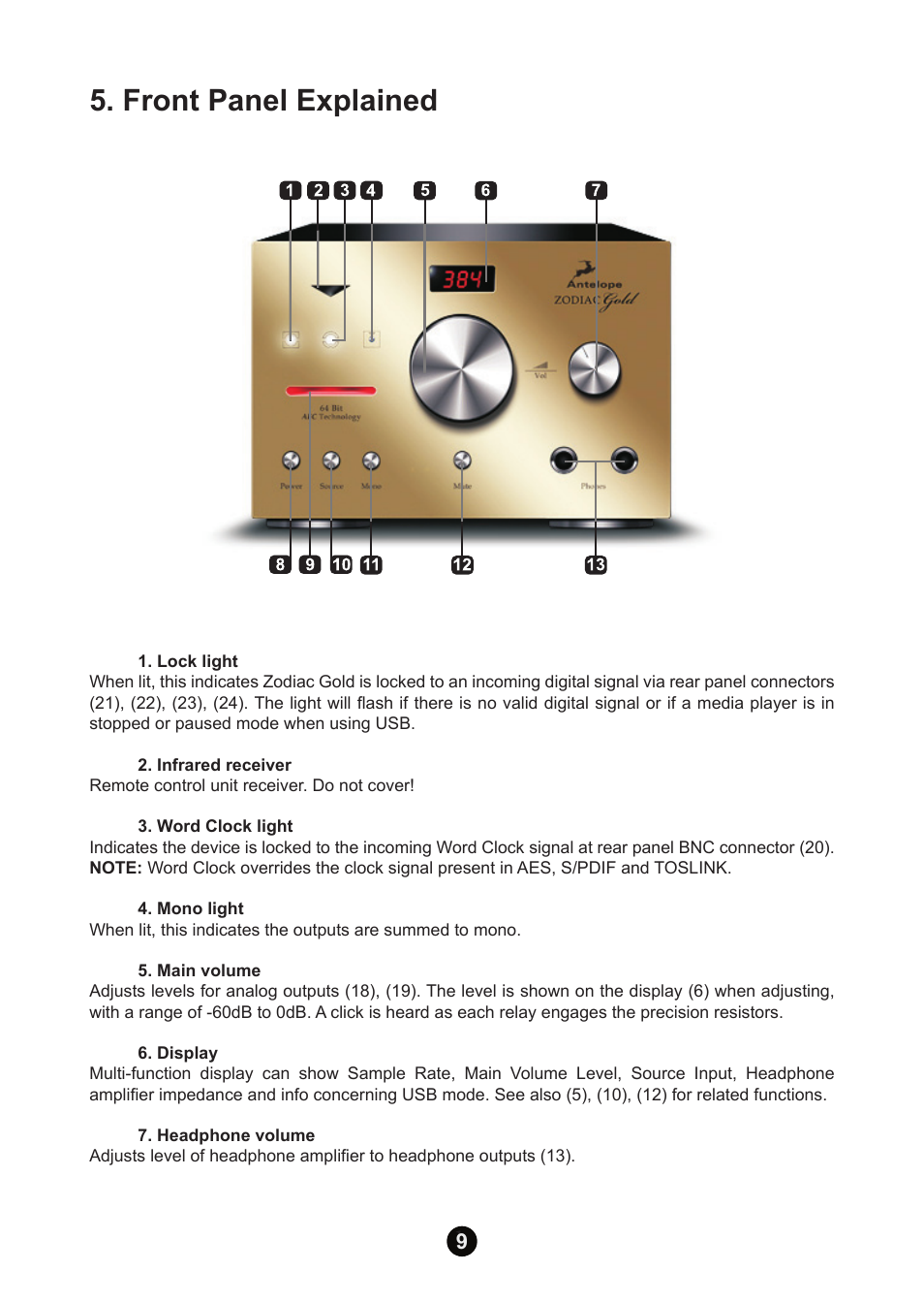 Front panel explained | Antelope Audio Zodiac Gold DAC User Manual | Page 8 / 20