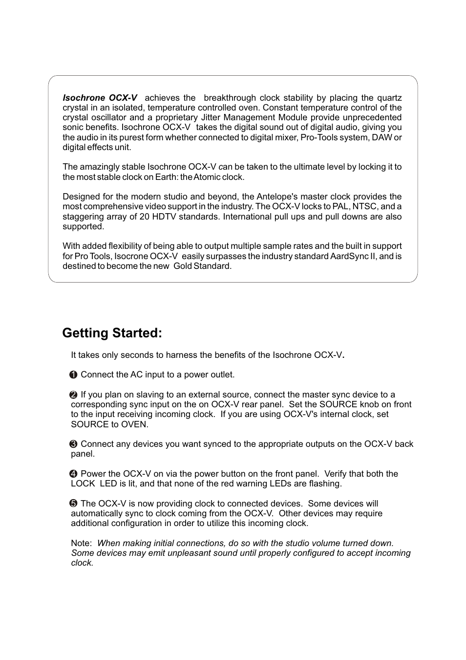 Getting started | Antelope Audio OCX-V Master Clock User Manual | Page 2 / 11