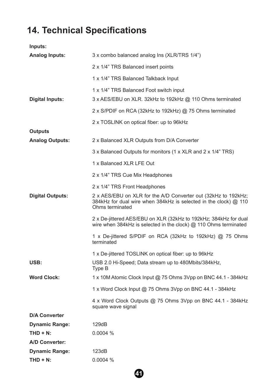 Technical specifications | Antelope Audio Eclipse 384 User Manual | Page 40 / 43