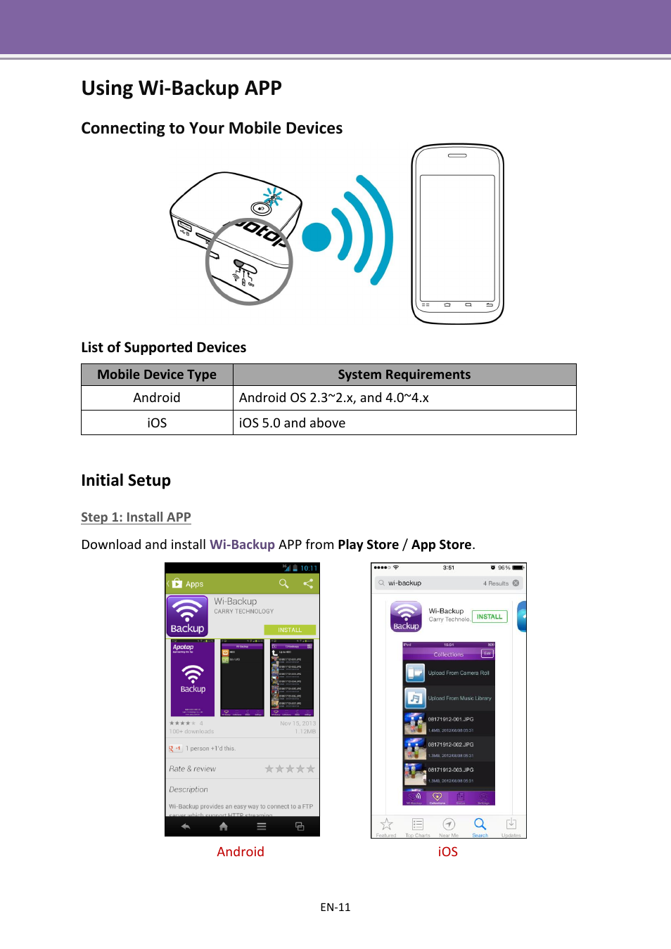 Using wi-backup app, Connecting to your mobile devices, Initial setup | Apotop DW23 Wi-Backup User Manual User Manual | Page 11 / 37