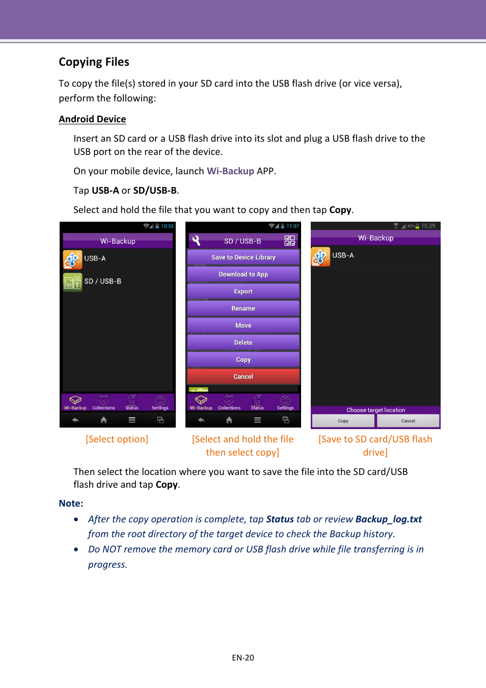 Copying files | Apotop DW23 Wi-Backup User Manual User Manual | Page 20 / 37