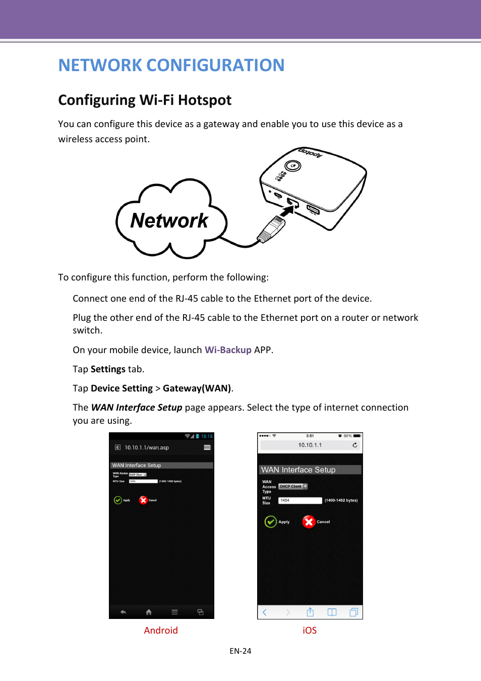 Network configuration, Configuring wi-fi hotspot | Apotop DW23 Wi-Backup User Manual User Manual | Page 24 / 37