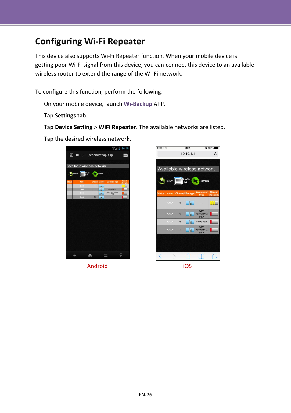 Configuring wi-fi repeater | Apotop DW23 Wi-Backup User Manual User Manual | Page 26 / 37
