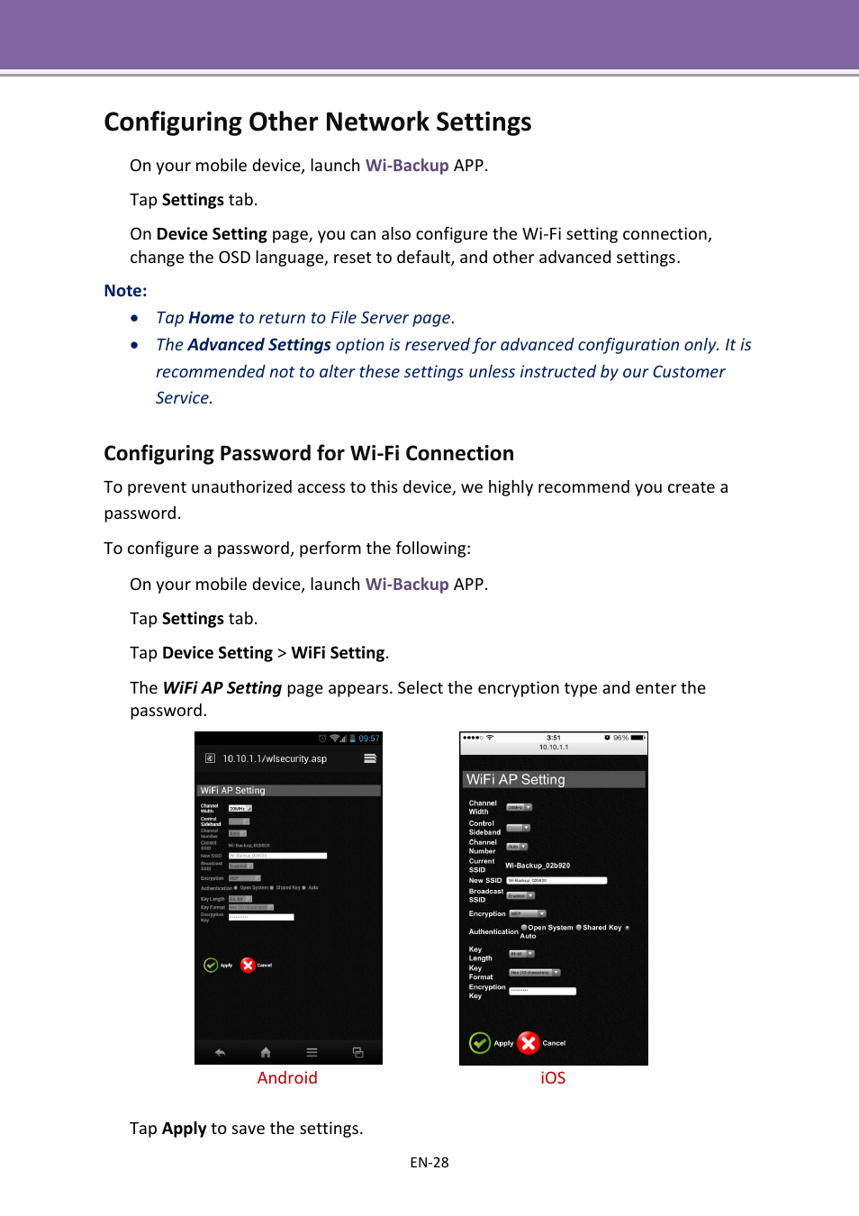 Configuring other network settings, Configuring password for wi-fi connection | Apotop DW23 Wi-Backup User Manual User Manual | Page 28 / 37