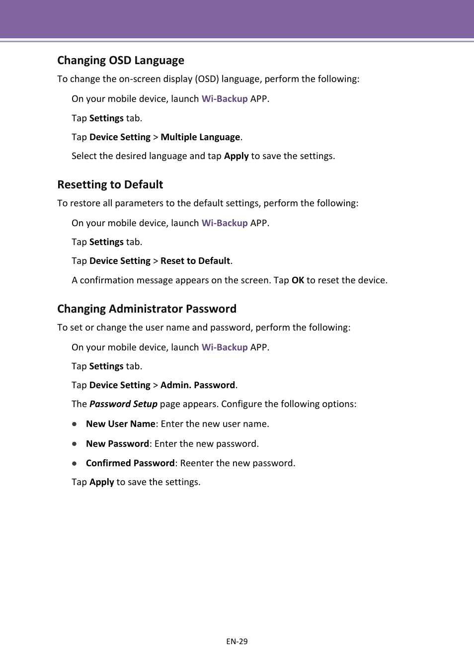 Changing osd language, Resetting to default, Changing administrator password | Apotop DW23 Wi-Backup User Manual User Manual | Page 29 / 37