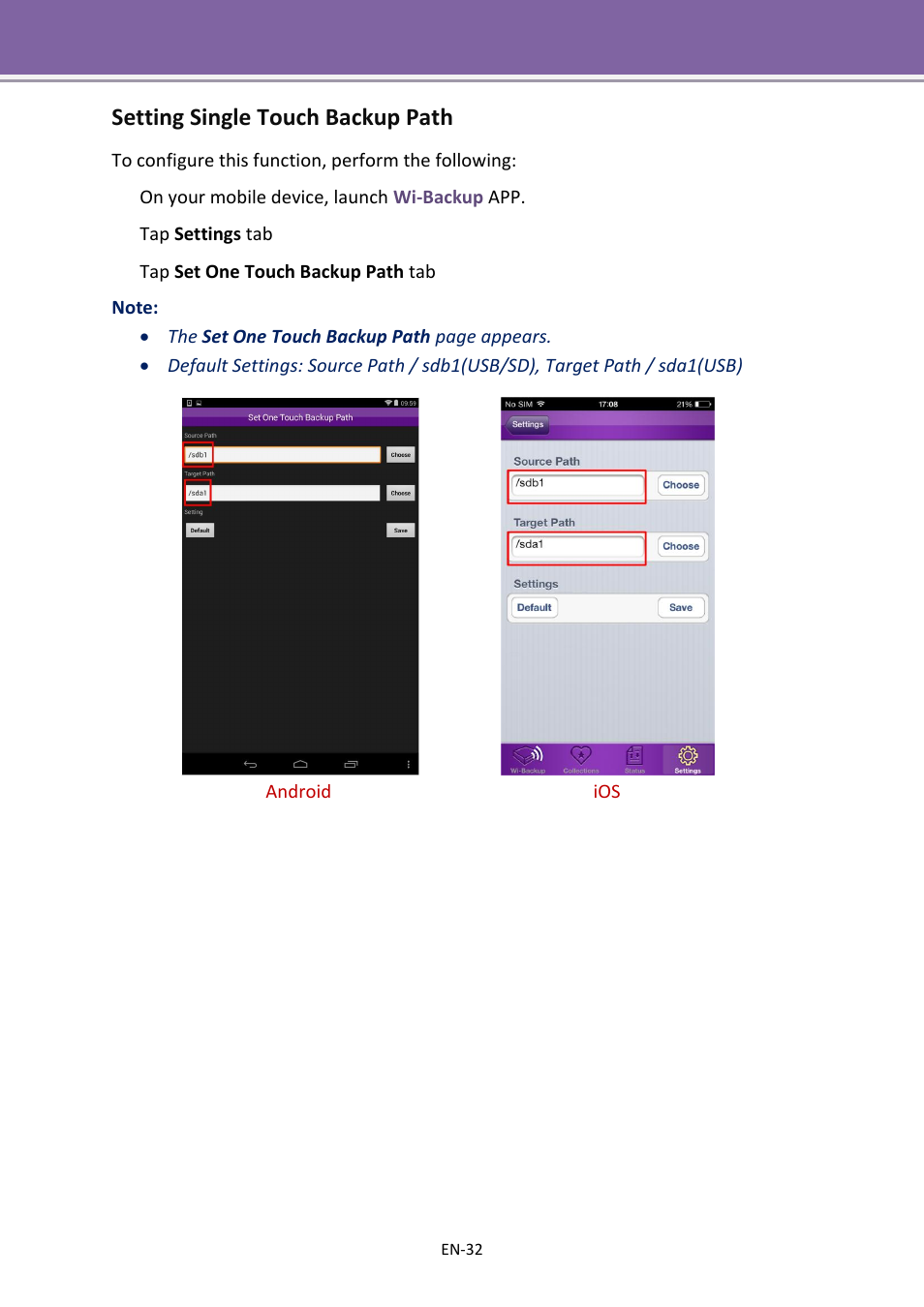 Setting single touch backup path | Apotop DW23 Wi-Backup User Manual User Manual | Page 32 / 37