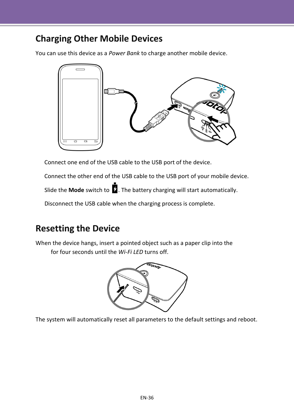 Charging other mobile devices, Resetting the device | Apotop DW23 Wi-Backup User Manual User Manual | Page 36 / 37