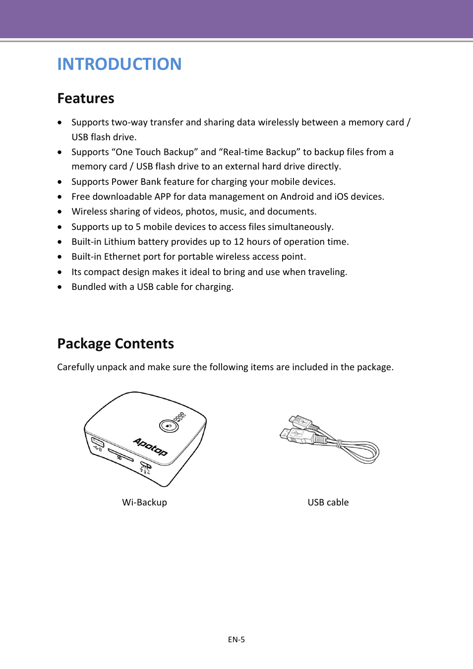 Introduction, Features, Package contents | Apotop DW23 Wi-Backup User Manual User Manual | Page 5 / 37