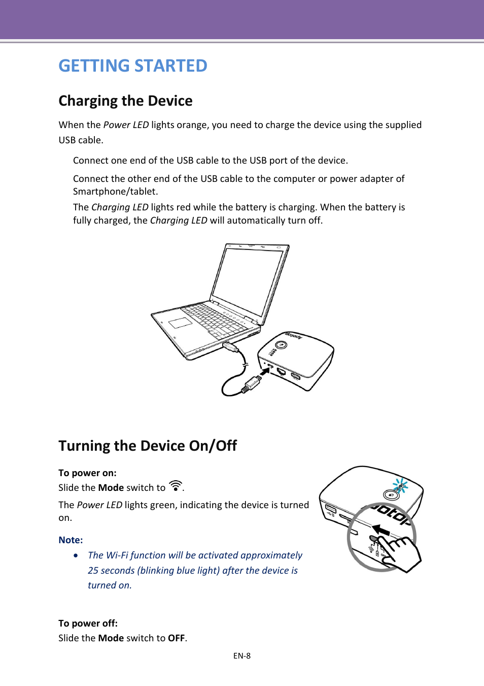 Getting started, Charging the device, Turning the device on/off | Apotop DW23 Wi-Backup User Manual User Manual | Page 8 / 37