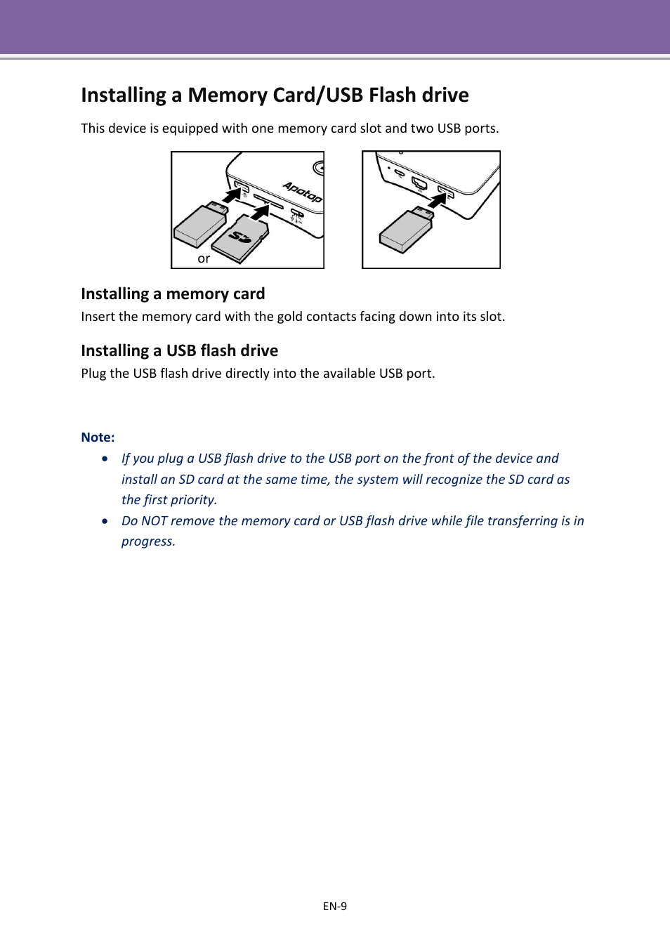 Installing a memory card/usb flash drive, Installing a memory card, Installing a usb flash drive | Apotop DW23 Wi-Backup User Manual User Manual | Page 9 / 37