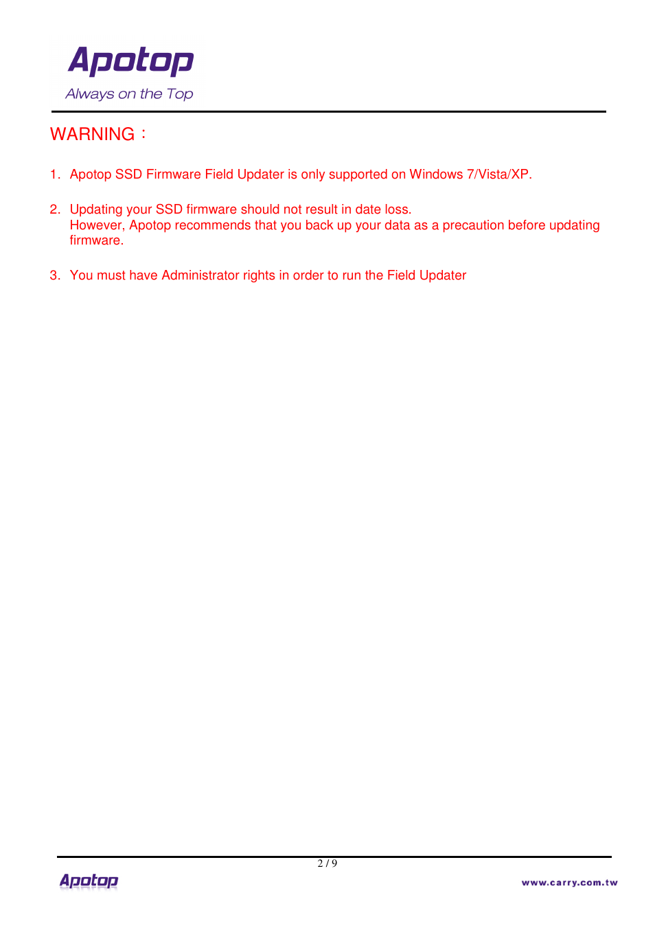 Warning | Apotop S3A User Manual | Page 2 / 9