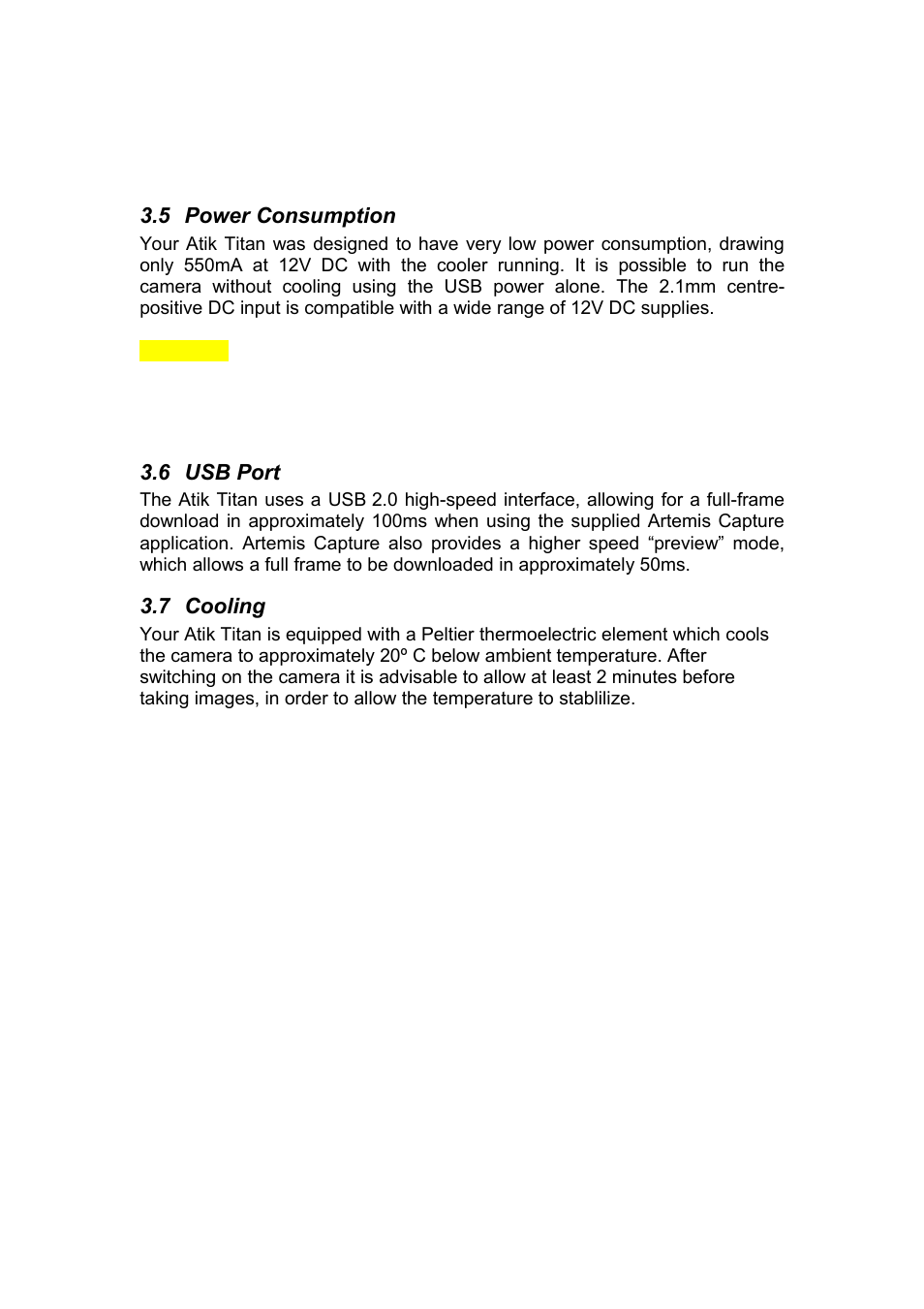 5 power consumption, 6 usb port, 7 cooling | ATIK Cameras Titan User Manual User Manual | Page 6 / 10