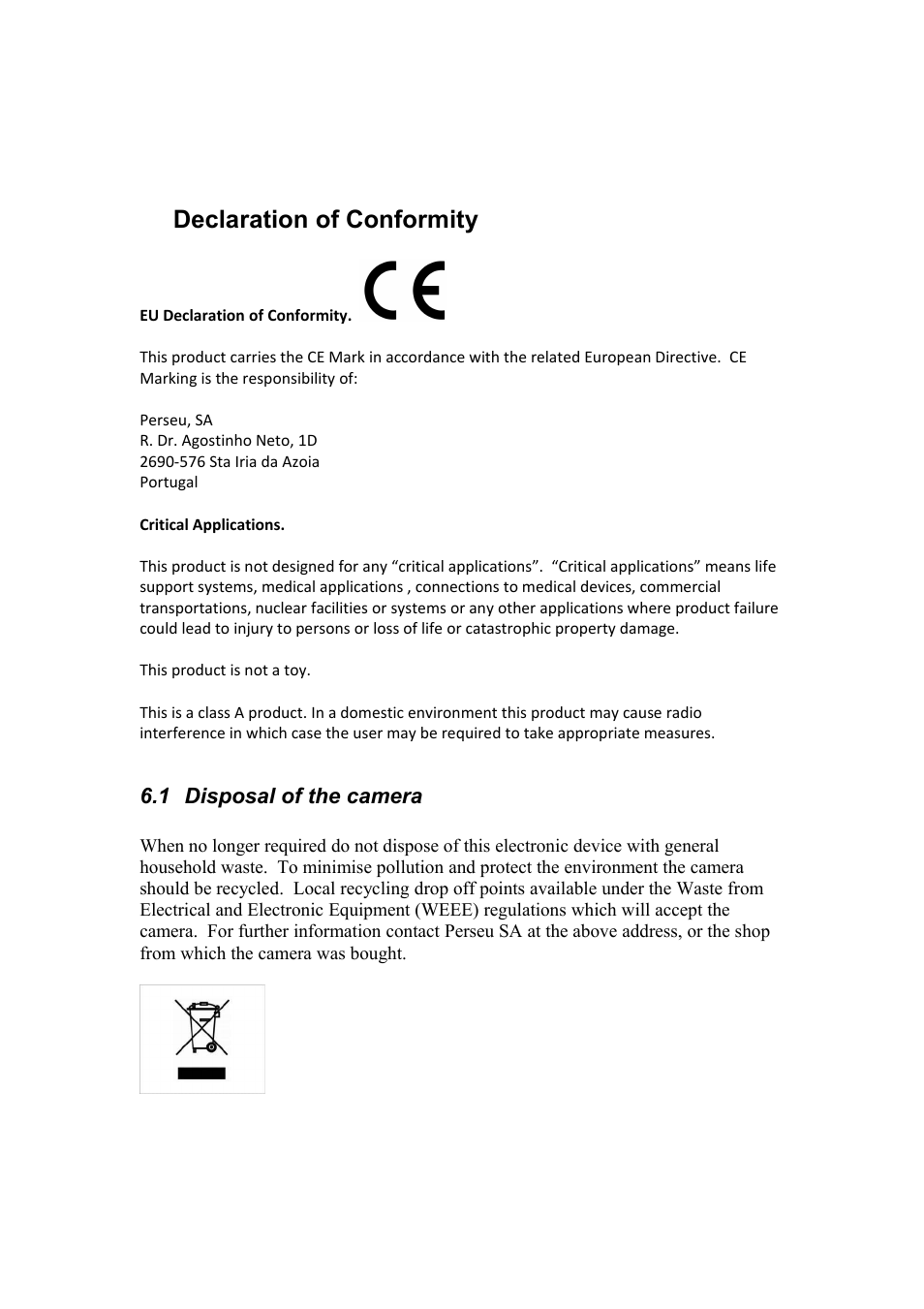 6 declaration of conformity, 1 disposal of the camera, 6declaration of conformity | ATIK Cameras Titan User Manual User Manual | Page 9 / 10