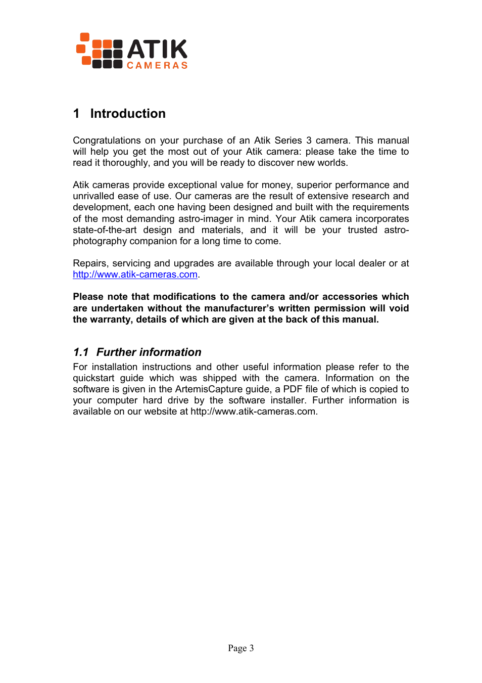 1 introduction, 1 further information | ATIK Cameras 314L+ User Manual User Manual | Page 3 / 10