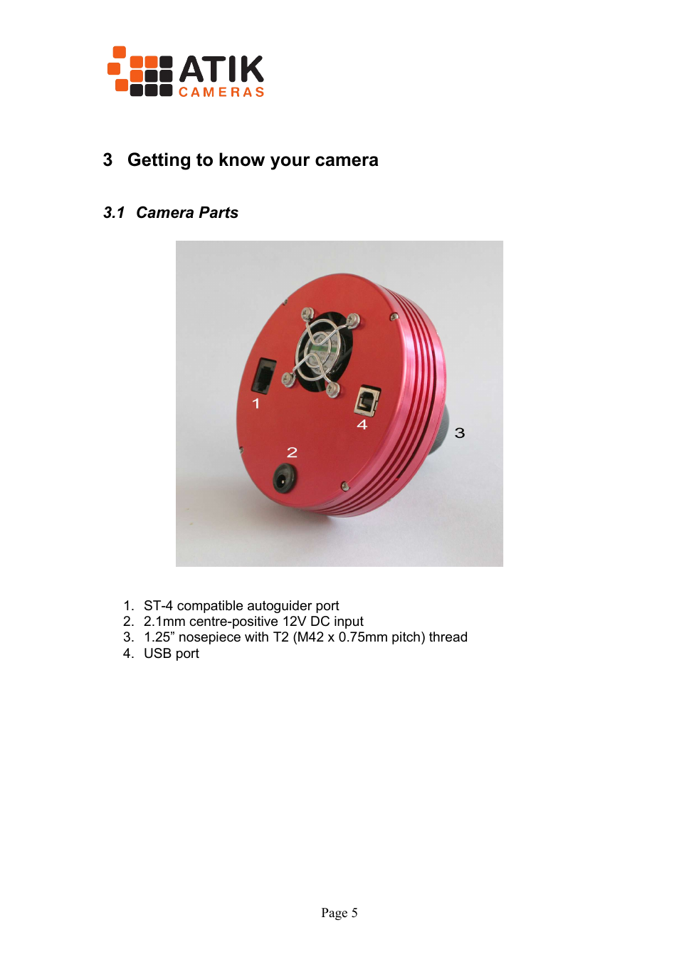3 getting to know your camera, 1 camera parts | ATIK Cameras 314L+ User Manual User Manual | Page 5 / 10