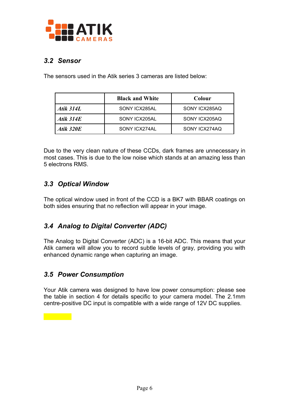 2 sensor, 3 optical window, 4 analog to digital converter (adc) | 5 power consumption | ATIK Cameras 314L+ User Manual User Manual | Page 6 / 10
