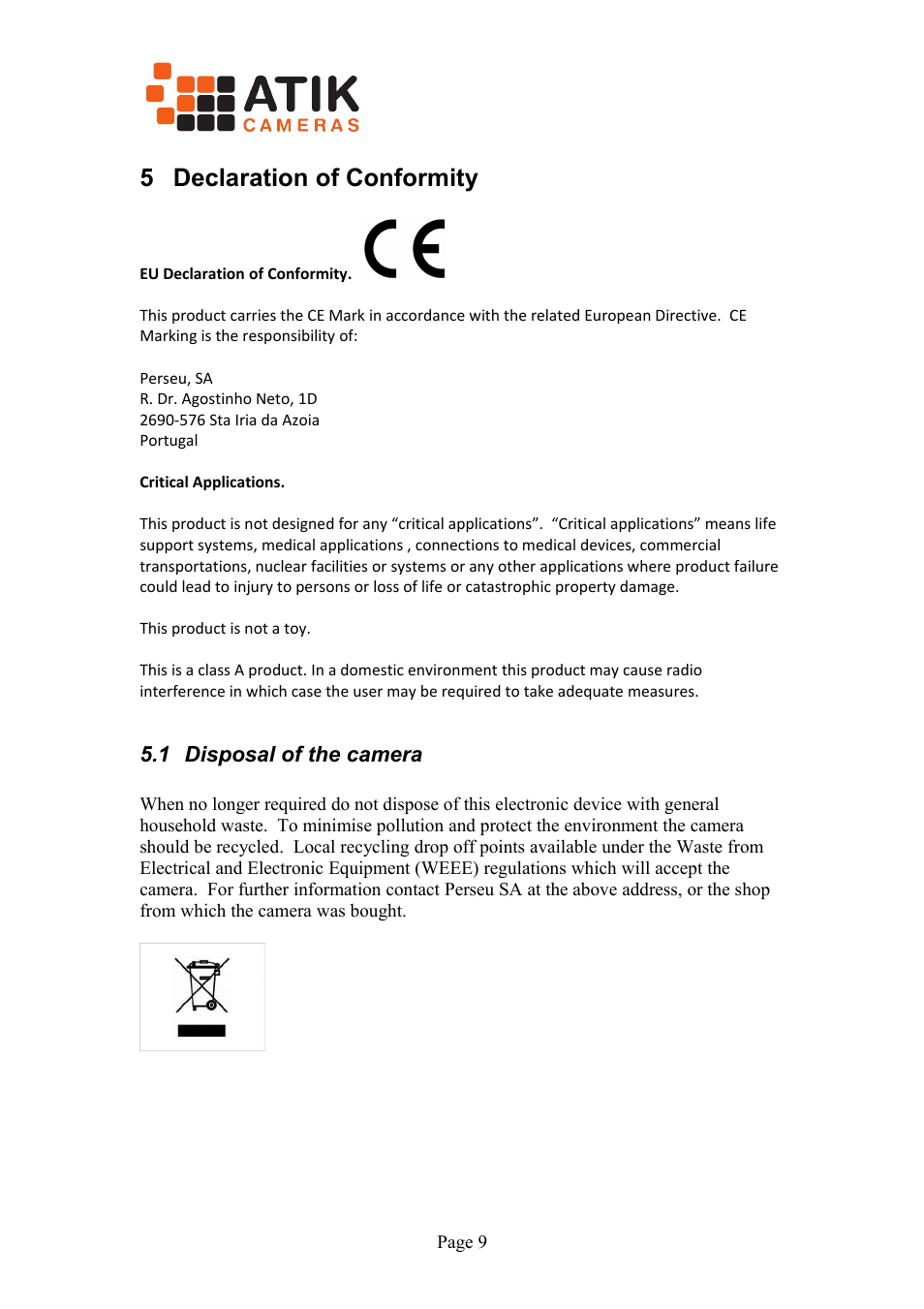 5 declaration of conformity, 1 disposal of the camera | ATIK Cameras 314L+ User Manual User Manual | Page 9 / 10
