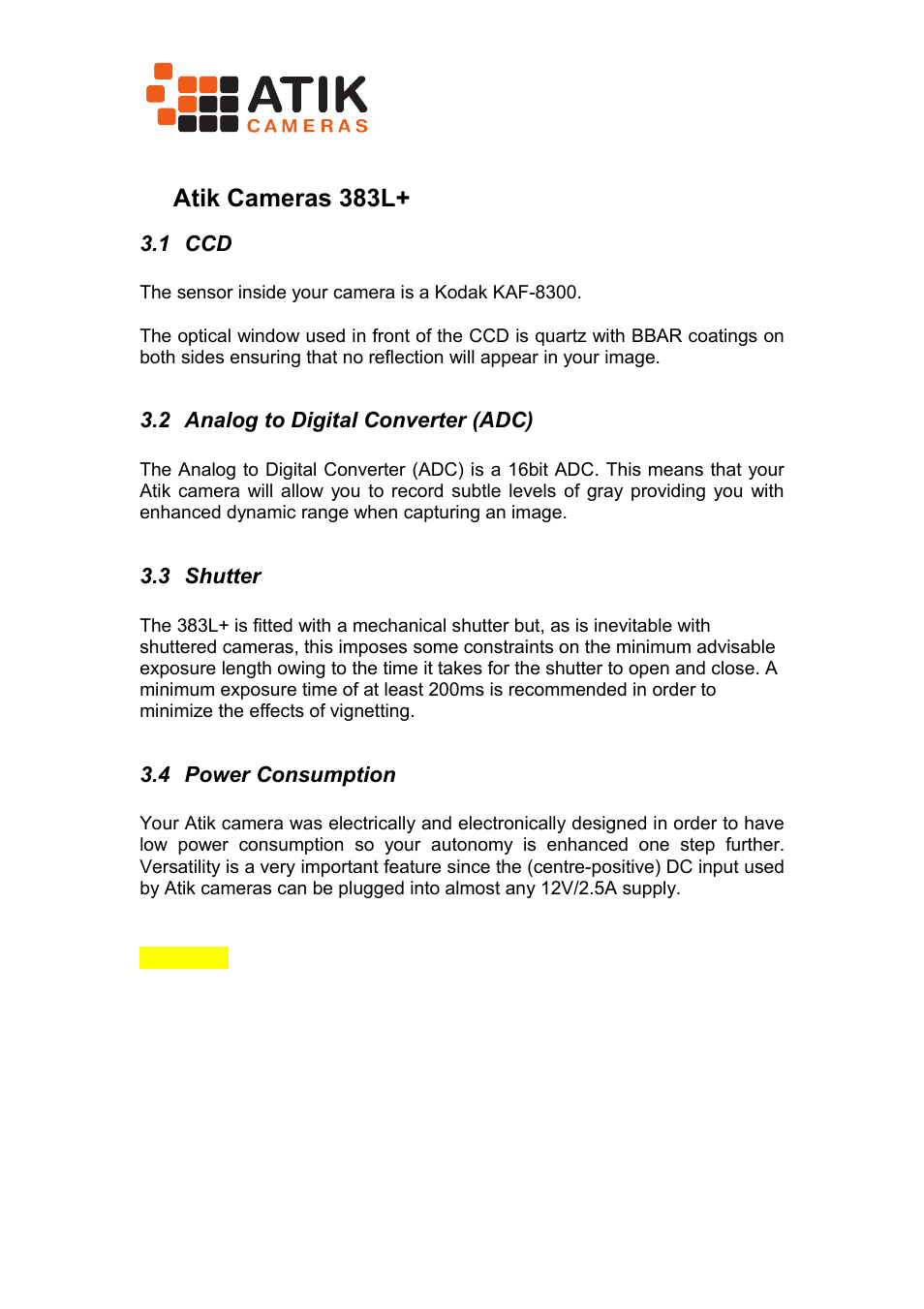 3 atik cameras 383l, 1 ccd, 2 analog to digital converter (adc) | 3 shutter, 4 power consumption, 3atik cameras 383l | ATIK Cameras 383L+ User Manual User Manual | Page 5 / 9