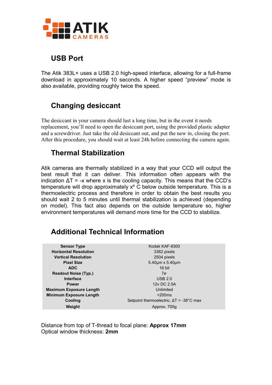 4 usb port, 5 changing desiccant, 6 thermal stabilization | 7 additional technical information, 4usb port, 5changing desiccant, 6thermal stabilization, 7additional technical information | ATIK Cameras 383L+ User Manual User Manual | Page 6 / 9