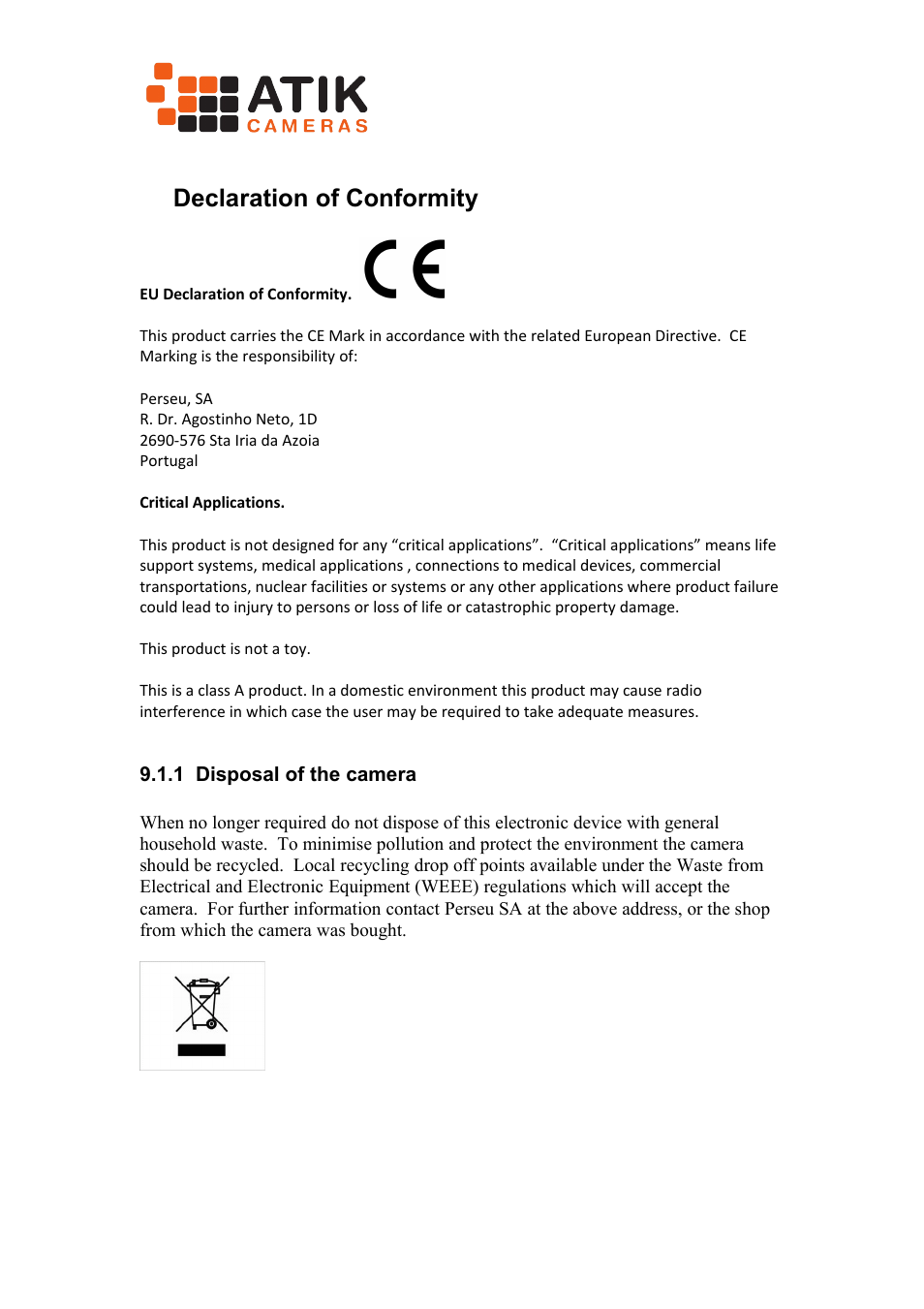 9 declaration of conformity, 1 disposal of the camera, 9declaration of conformity | ATIK Cameras 383L+ User Manual User Manual | Page 8 / 9